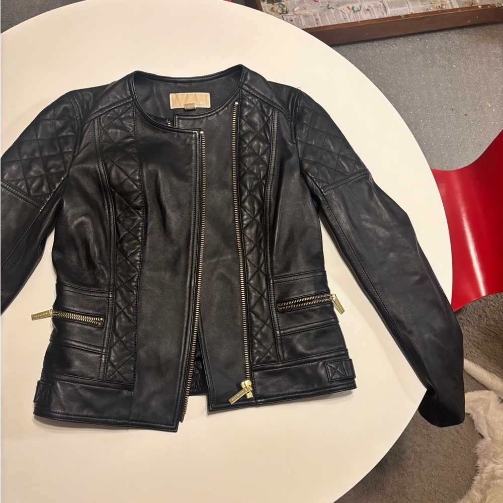 MICHAEL Michael Kors Black Leather Jacket with Gold Accents